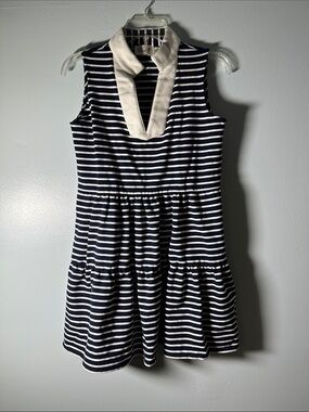 Eliza J Navy & White Striped Sleeveless Dress with Cream V-Neck